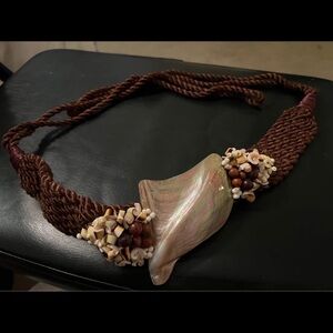 Vintage Brown Crochet Belt with Shell and Bead Accents